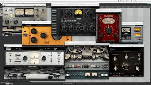 Collection of competitor tape emulation plugins showing cluttered interfaces with excessive parameters and controls