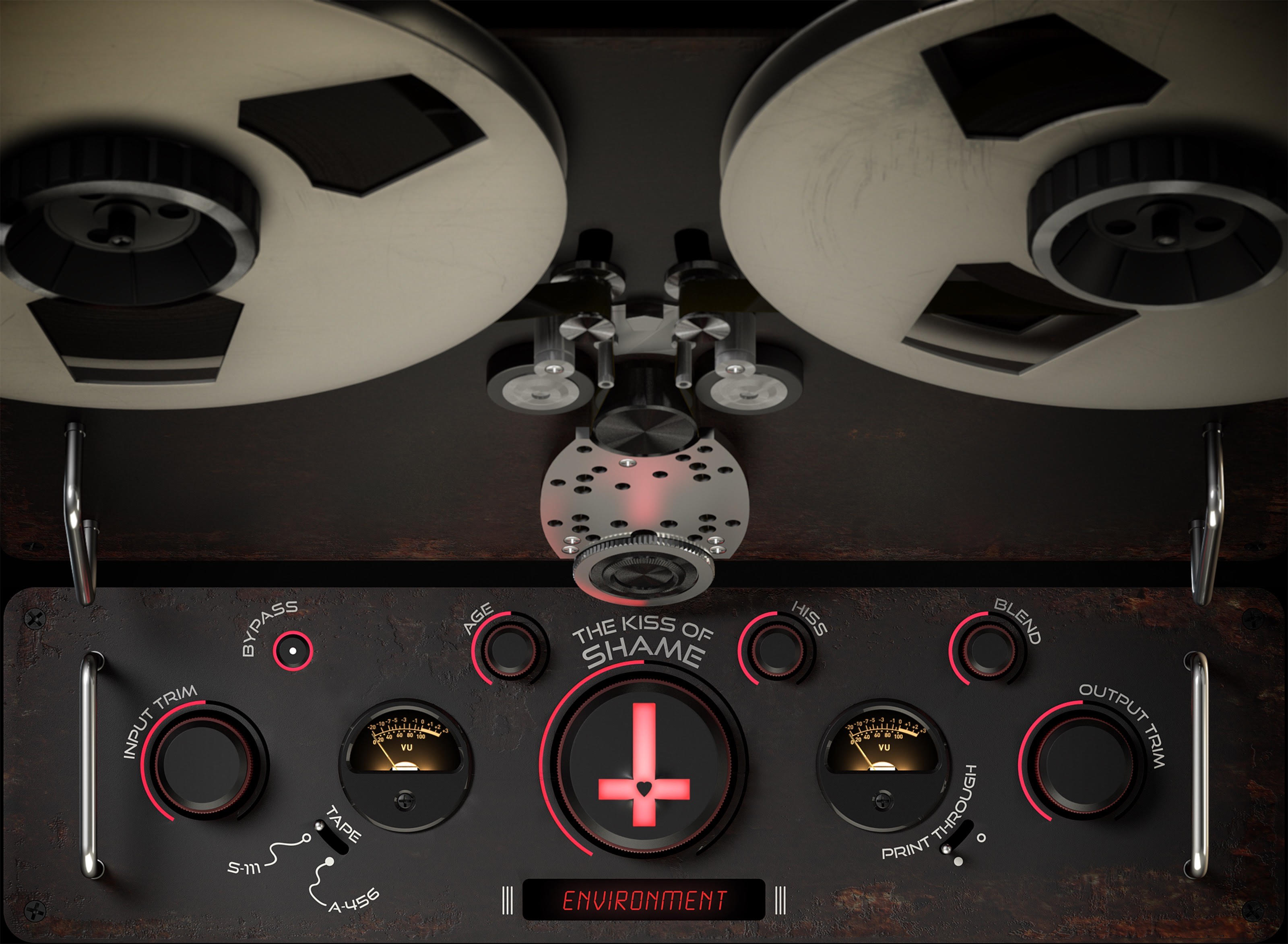 Complete Kiss of Shame plugin interface showing all controls and tape machine design