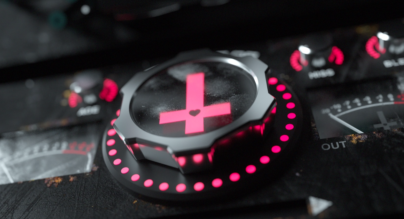 Close-up of professional audio hardware featuring the signature pink cross logo with LED ring